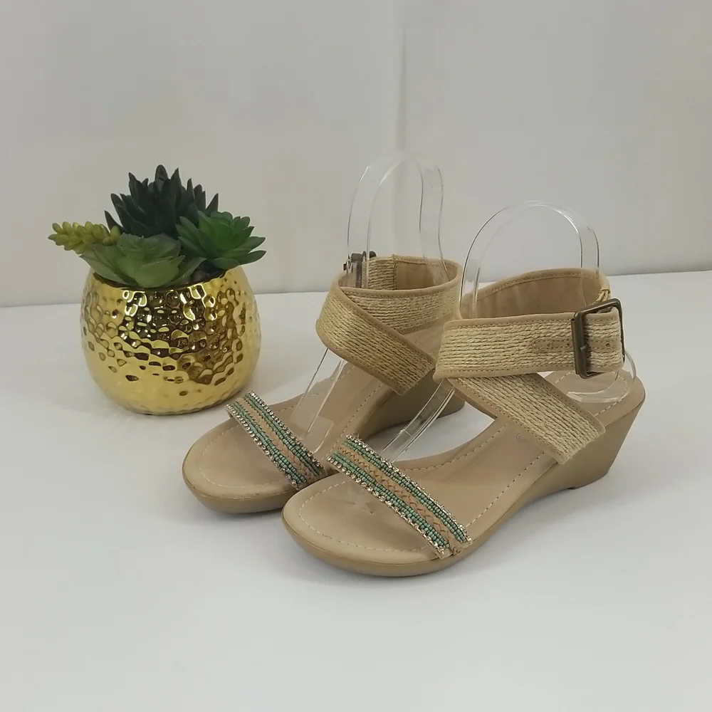 SKEMO Beige, Rhinestone & Turquoise Beaded Wedge Ankle Wrap Sandals